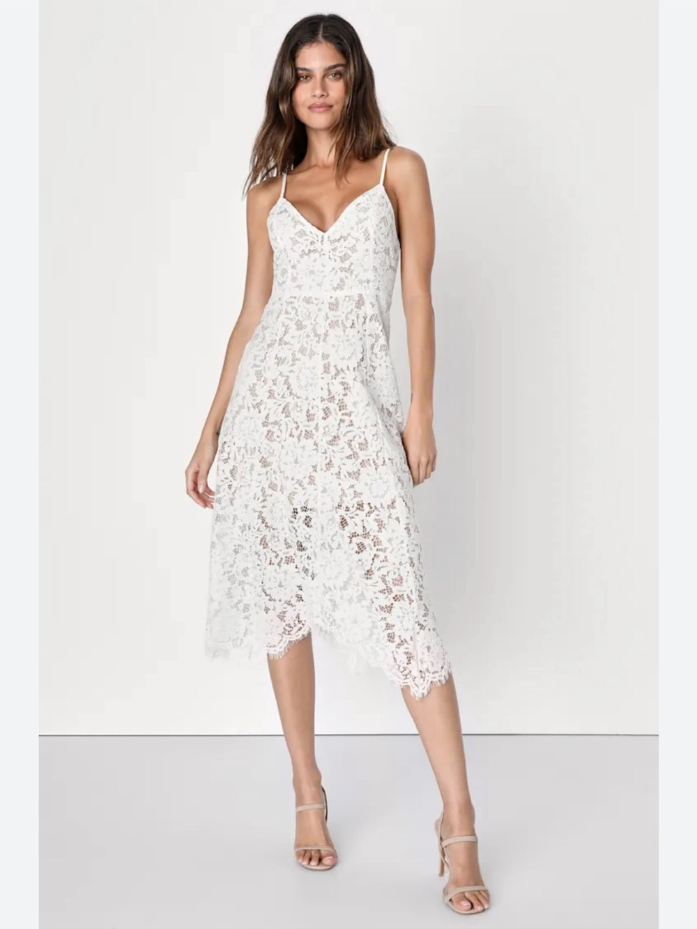 White Lace Midi Slip Dress with Scalloped Hem